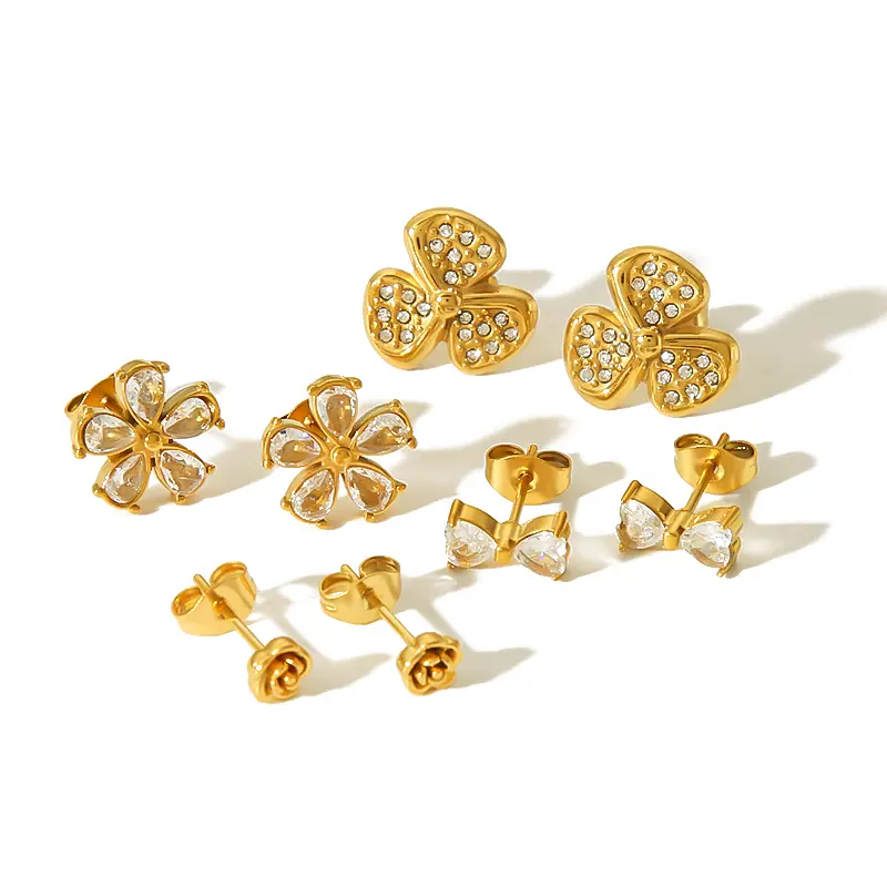 1 Pair Sweet Simple Style Flower Shape Stainless Steel 18K Gold Plated Rhinestones Women's Stud Earrings h5 